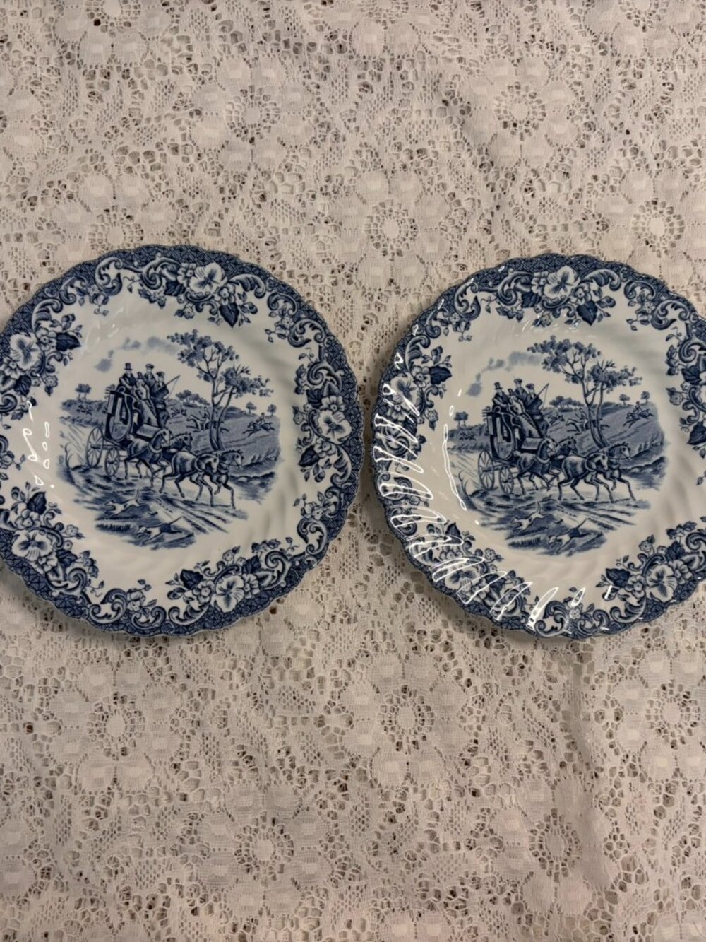 VTG 2 Blue Transferware Bread Plates Johnson Bros Coaching Scenes Ironstone